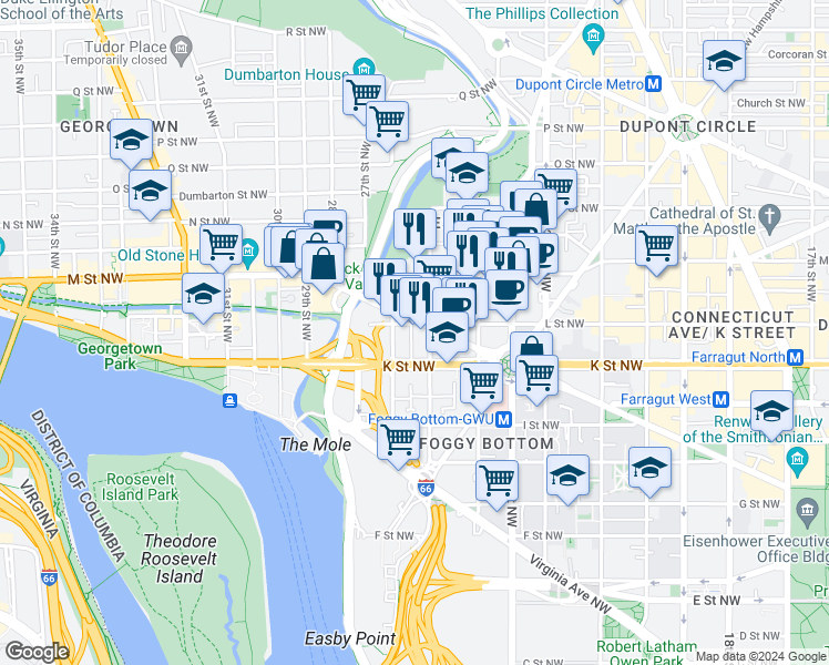 map of restaurants, bars, coffee shops, grocery stores, and more near 2512 L Street Northwest in Washington
