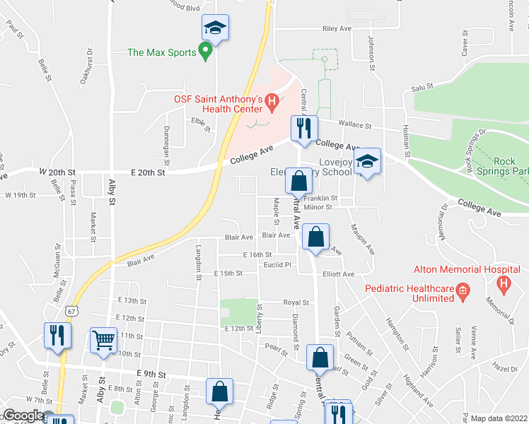 map of restaurants, bars, coffee shops, grocery stores, and more near 1821 Liberty Street in Alton