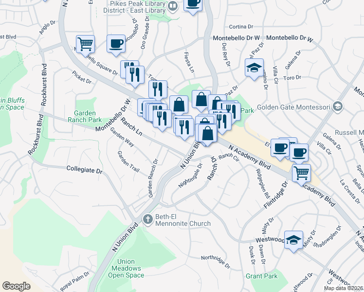 map of restaurants, bars, coffee shops, grocery stores, and more near 5110 Academy Boulevard North in Colorado Springs