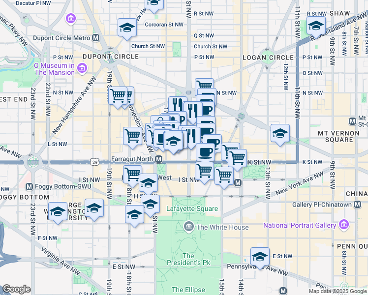 map of restaurants, bars, coffee shops, grocery stores, and more near 1026 16th Street Northwest in Washington