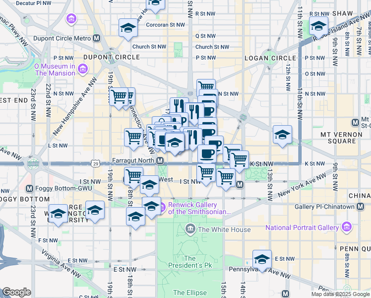 map of restaurants, bars, coffee shops, grocery stores, and more near 1026 16th Street Northwest in Washington
