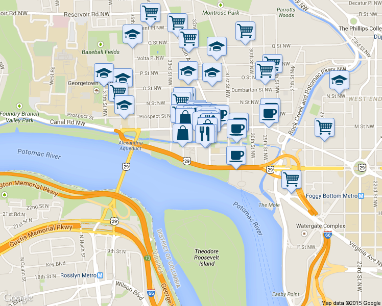 map of restaurants, bars, coffee shops, grocery stores, and more near Paper Mill Court in Washington