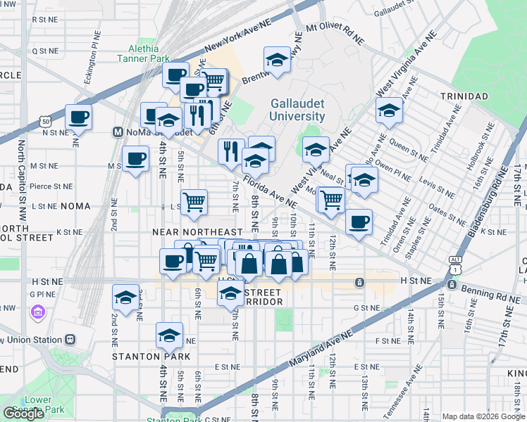 map of restaurants, bars, coffee shops, grocery stores, and more near 811 L Street Northeast in Washington