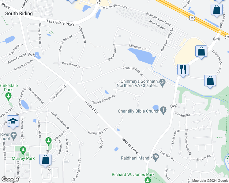 map of restaurants, bars, coffee shops, grocery stores, and more near 25834 Rawley Springs Drive in Chantilly