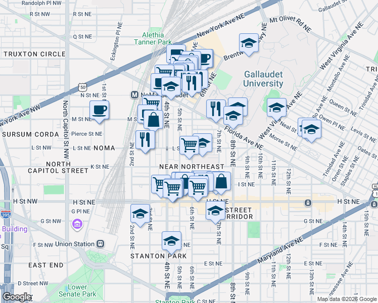 map of restaurants, bars, coffee shops, grocery stores, and more near 1036 6th Street Northeast in Washington