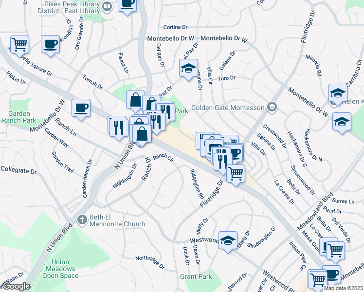 map of restaurants, bars, coffee shops, grocery stores, and more near 5038 El Camino Drive in Colorado Springs