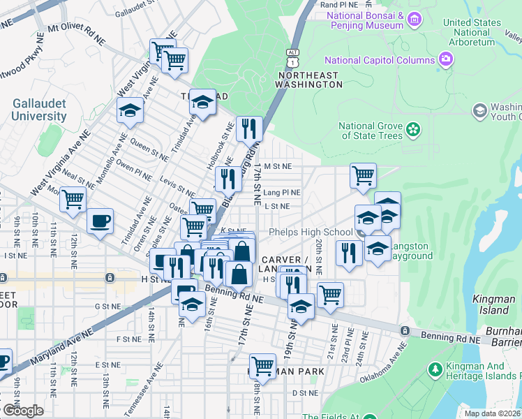 map of restaurants, bars, coffee shops, grocery stores, and more near 101 Independence Avenue Southeast in Washington
