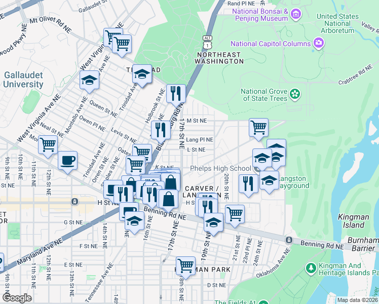 map of restaurants, bars, coffee shops, grocery stores, and more near 101 Independence Avenue Southeast in Washington