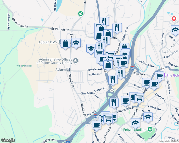 map of restaurants, bars, coffee shops, grocery stores, and more near 235 Fulweiler Avenue in Auburn