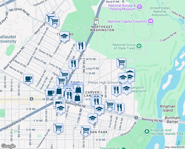 map of restaurants, bars, coffee shops, grocery stores, and more near 101 Independence Avenue Southeast in Washington