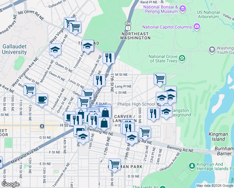 map of restaurants, bars, coffee shops, grocery stores, and more near 101 Independence Avenue Southeast in Washington