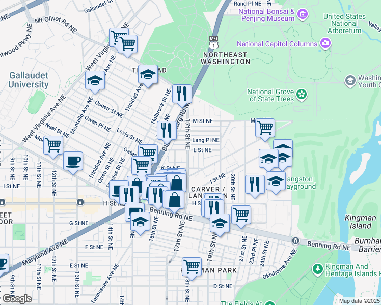 map of restaurants, bars, coffee shops, grocery stores, and more near 1733 L Street Northeast in Washington