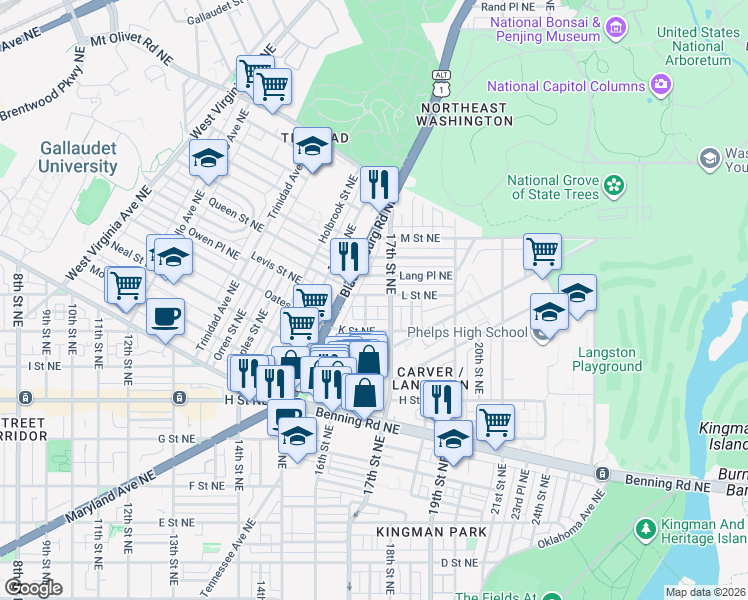 map of restaurants, bars, coffee shops, grocery stores, and more near 101 Independence Avenue Southeast in Washington