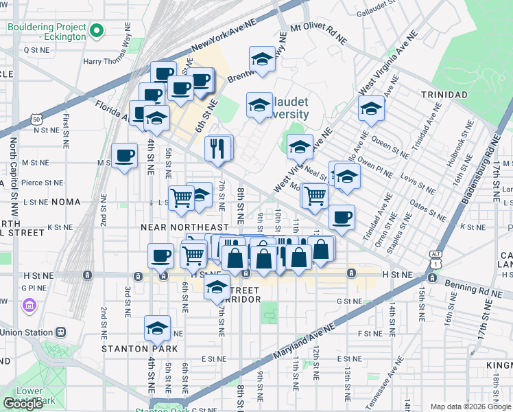 map of restaurants, bars, coffee shops, grocery stores, and more near 101 Independence Avenue Southeast in Washington