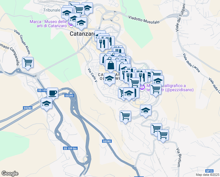 map of restaurants, bars, coffee shops, grocery stores, and more near 26-68 Via XX Settembre in Catanzaro
