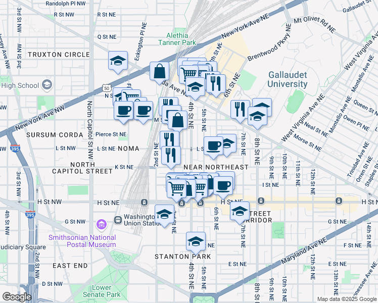 map of restaurants, bars, coffee shops, grocery stores, and more near 341 L Street Northeast in Washington