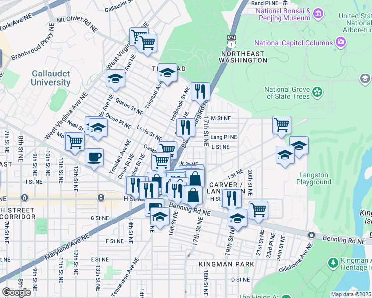 map of restaurants, bars, coffee shops, grocery stores, and more near 1629 L Street Northeast in Washington