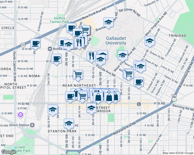 map of restaurants, bars, coffee shops, grocery stores, and more near 101 Independence Avenue Southeast in Washington