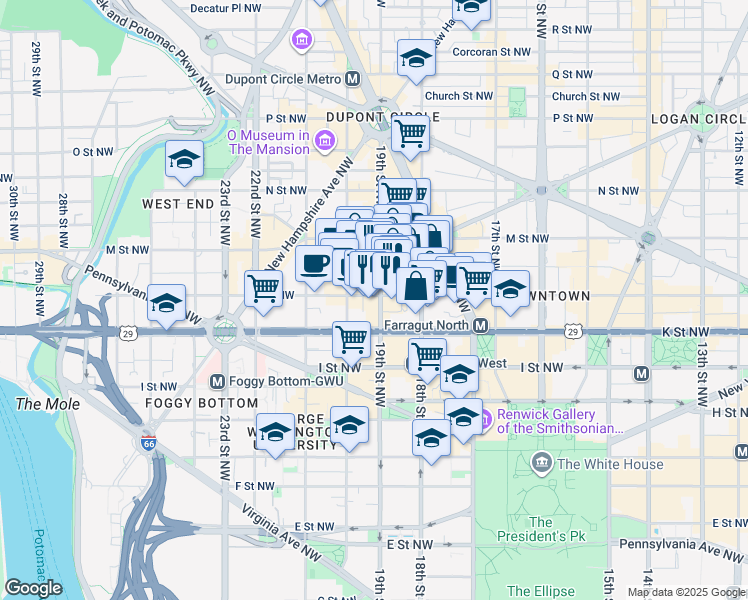 map of restaurants, bars, coffee shops, grocery stores, and more near 1900 L Street Northwest in Washington