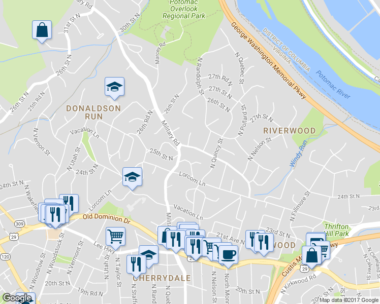 map of restaurants, bars, coffee shops, grocery stores, and more near 4100 Nelly Custis Drive in Arlington