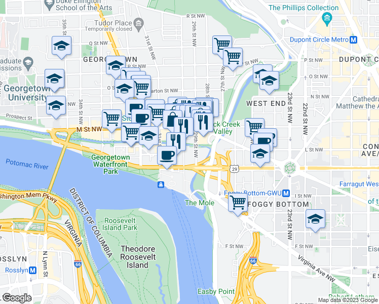 map of restaurants, bars, coffee shops, grocery stores, and more near 1077 30th Street Northwest in Washington
