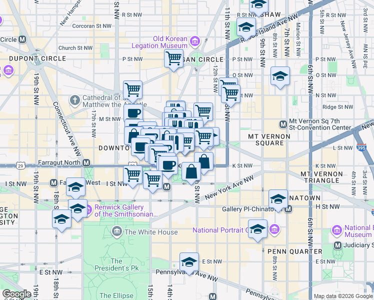 map of restaurants, bars, coffee shops, grocery stores, and more near 1310 L Street Northwest in Washington