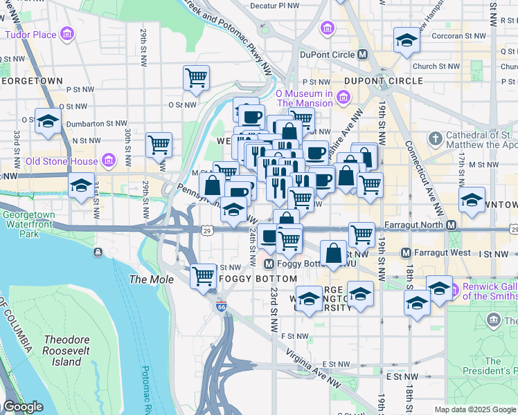 map of restaurants, bars, coffee shops, grocery stores, and more near 2324 L Street Northwest in Washington