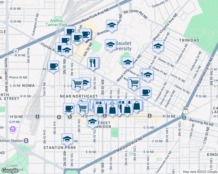 map of restaurants, bars, coffee shops, grocery stores, and more near 101 Independence Avenue Southeast in Washington