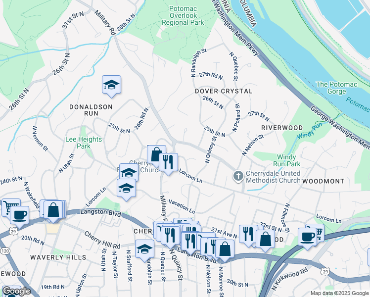 map of restaurants, bars, coffee shops, grocery stores, and more near 4100 Nelly Custis Drive in Arlington