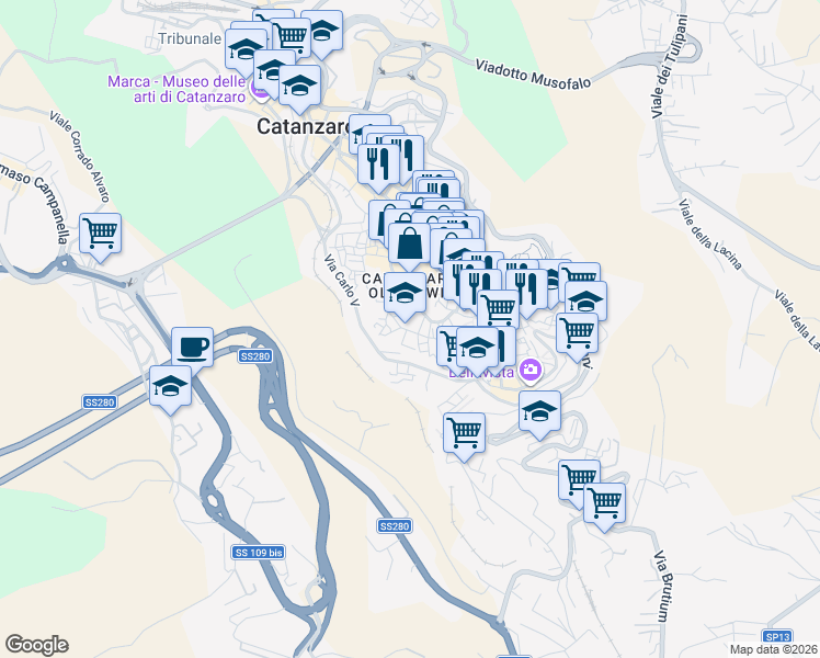 map of restaurants, bars, coffee shops, grocery stores, and more near 26-68 Via XX Settembre in Catanzaro