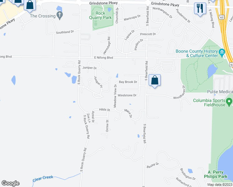 map of restaurants, bars, coffee shops, grocery stores, and more near 2101 Windstone Drive in Columbia