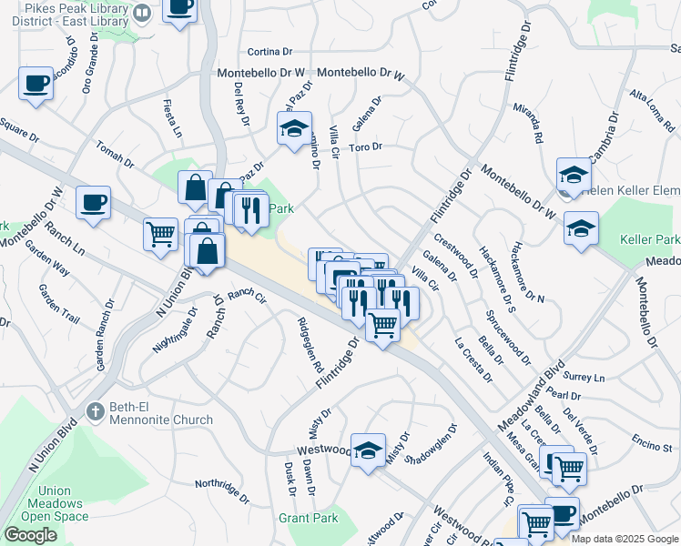 map of restaurants, bars, coffee shops, grocery stores, and more near 4975 El Camino Drive in Colorado Springs