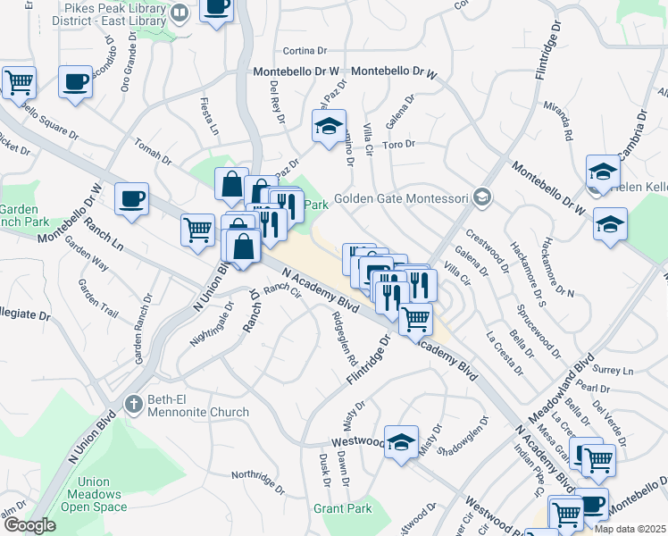 map of restaurants, bars, coffee shops, grocery stores, and more near 5038 El Camino Drive in Colorado Springs
