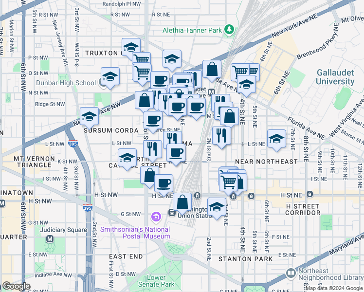 map of restaurants, bars, coffee shops, grocery stores, and more near 101 Independence Avenue Southeast in Washington