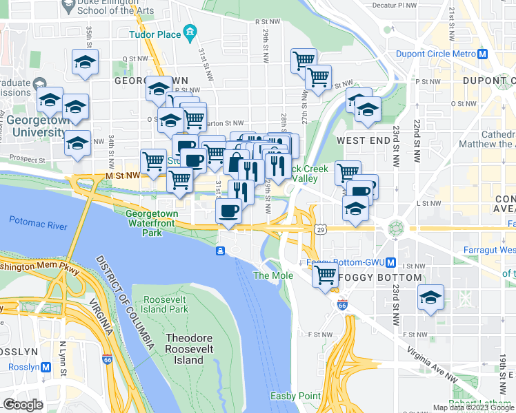 map of restaurants, bars, coffee shops, grocery stores, and more near 1077 30th Street Northwest in Washington