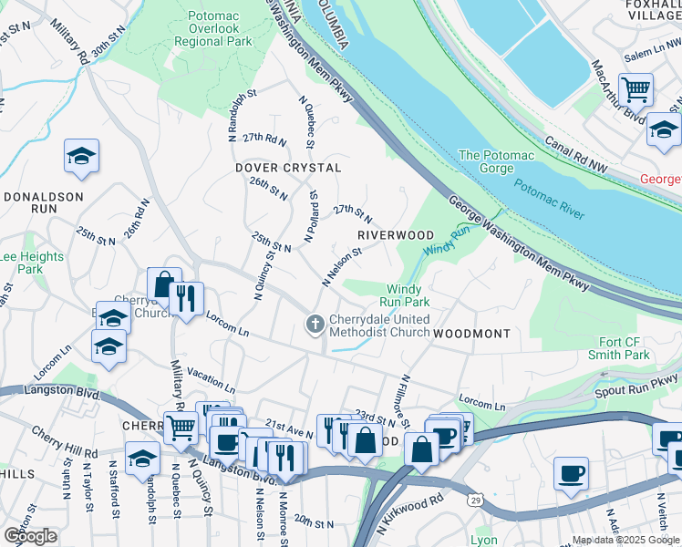 map of restaurants, bars, coffee shops, grocery stores, and more near 2515 North Nelson Street in Arlington