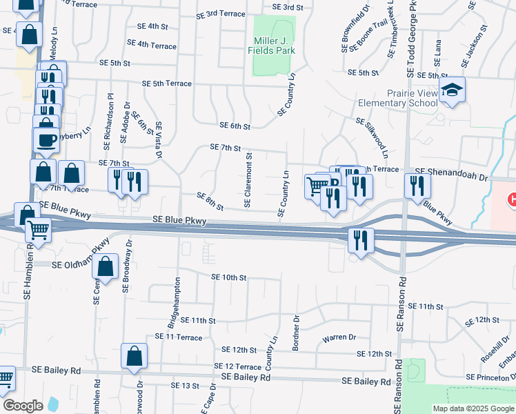 map of restaurants, bars, coffee shops, grocery stores, and more near 1405 Southeast 7th Place in Lee's Summit