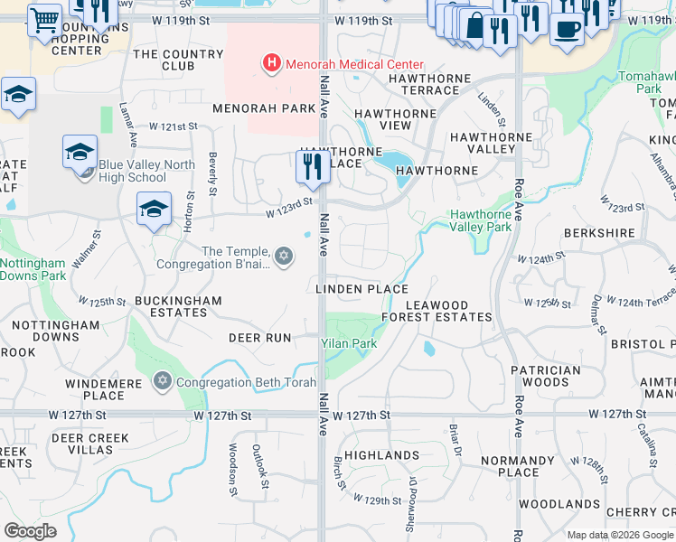 map of restaurants, bars, coffee shops, grocery stores, and more near 12316 Birch Street in Overland Park