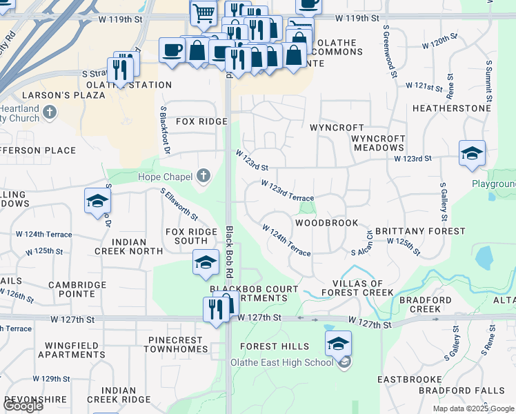 map of restaurants, bars, coffee shops, grocery stores, and more near 15020 West 124th Street in Olathe