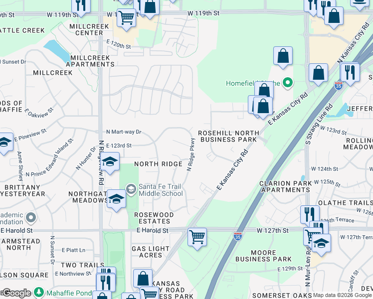 map of restaurants, bars, coffee shops, grocery stores, and more near 1530 East 123rd Terrace in Olathe