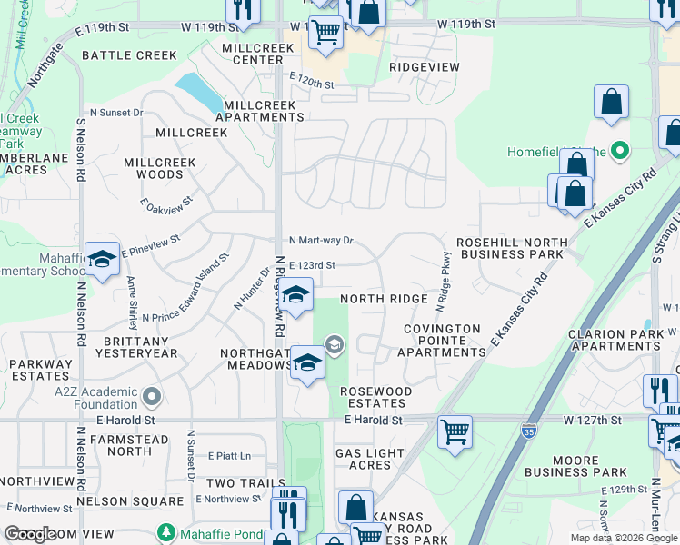 map of restaurants, bars, coffee shops, grocery stores, and more near 1418 East 123rd Street in Olathe