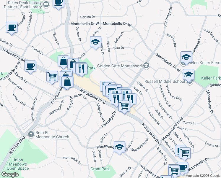 map of restaurants, bars, coffee shops, grocery stores, and more near 4985 El Camino Drive in Colorado Springs