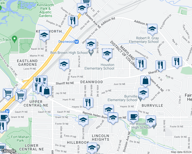 map of restaurants, bars, coffee shops, grocery stores, and more near 1016 49th Street Northeast in Washington