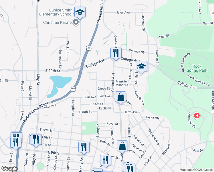 map of restaurants, bars, coffee shops, grocery stores, and more near 823 Franklin Street in Alton