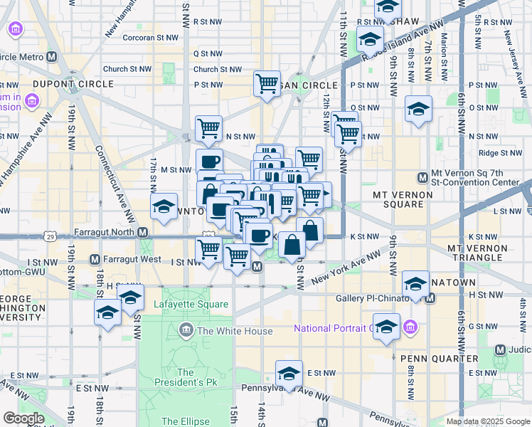 map of restaurants, bars, coffee shops, grocery stores, and more near 1099 14th Street Northwest in Washington
