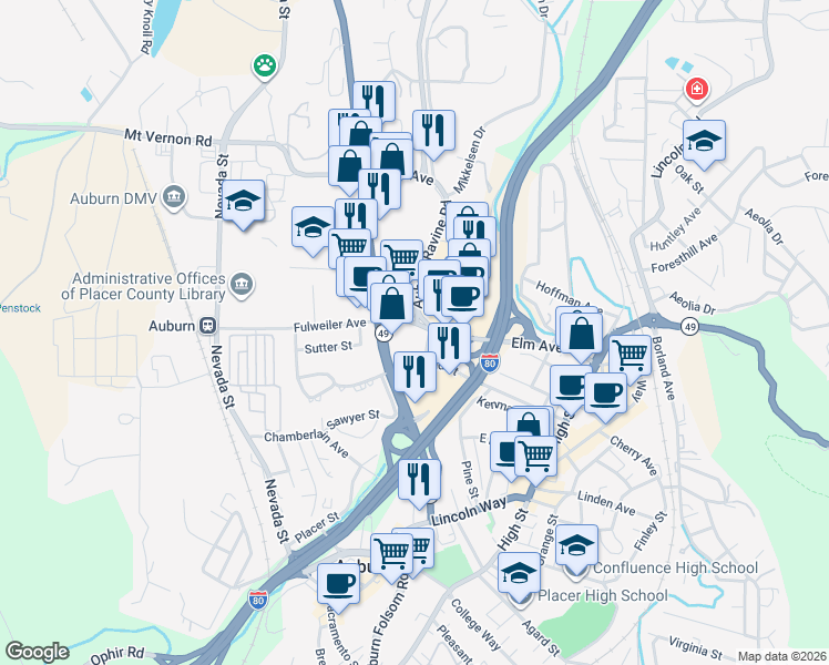 map of restaurants, bars, coffee shops, grocery stores, and more near 399 Elm Avenue in Auburn