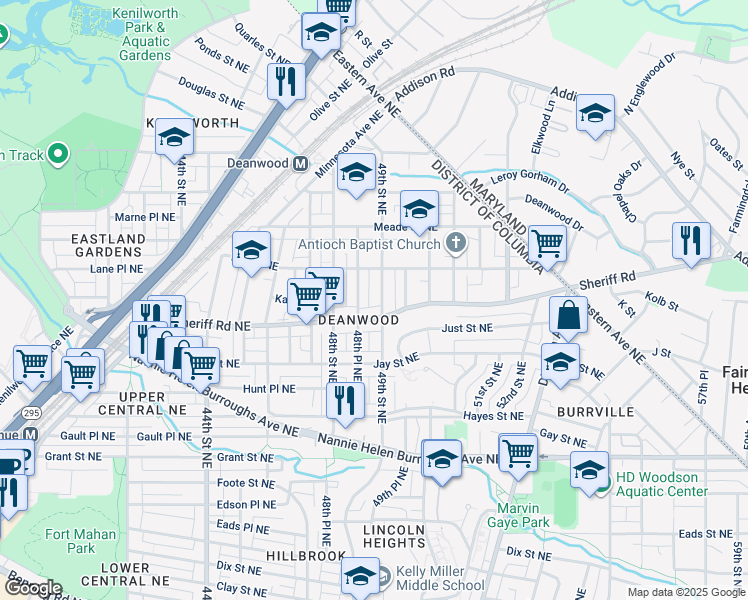 map of restaurants, bars, coffee shops, grocery stores, and more near 1016 49th Street Northeast in Washington