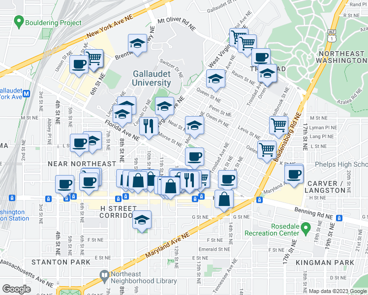 map of restaurants, bars, coffee shops, grocery stores, and more near Montello Avenue Northeast & Morse Street Northeast in Washington