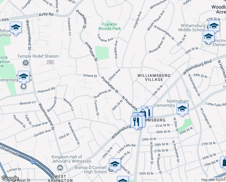 map of restaurants, bars, coffee shops, grocery stores, and more near 2132 Powhatan Street in Falls Church