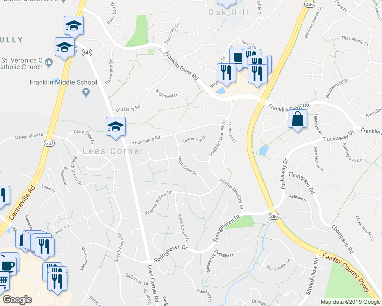 map of restaurants, bars, coffee shops, grocery stores, and more near 20151 Peachwood Court in Fairfax